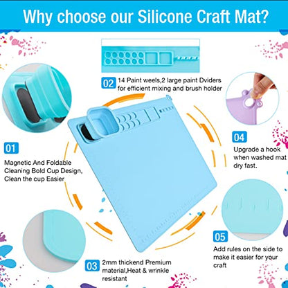 Painting Stations,Silicone Art Mat [1x Apron,1 Pair Oversleeve,20 Pieces Brushes] Painting Craft Mats 21"X17" with Detachable Cup for Resin for Kids Gift,Paint, Clay, DIY Projects - color: Blue