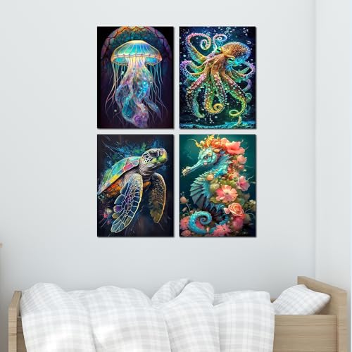 Muzagroo Art 5D Diamond Painting Kits for Adults, DIY Diamond Art Kits for Beginners, Turtle Diamond Dot Kits Gem Arts and Crafts for Living Room, Gem Painting Bedroom 4 PCS Wall Art - color: 06-Marine animals