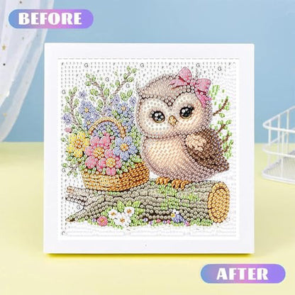 Ajepon Owl Diamond Art Kit for Kids, Ages 8-12, 7x7 Inch, Modern Style, Crystal Diamonds, Includes Canvas, Frame, Tools, Non-Foldable - color: CC193