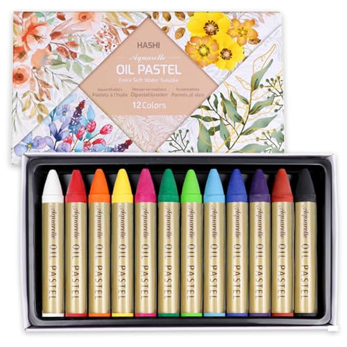 HA SHI Water-Soluble Oil Pastels for Adult Artists, 12 Colors, Blendable | Draw dry, then sweep a damp brush over the strokes to melt them into soft washes on paper, canvas or mixed-media journals. - color: Oil Pastels 12 colors