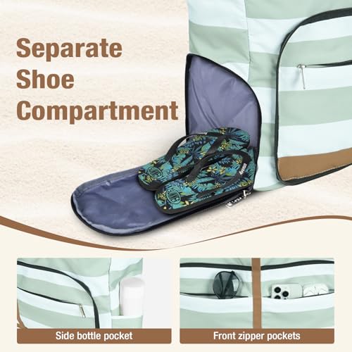 Beach Bag for Women - 35L Large Tote Bag, Waterproof & Sandproof, Zippered Carry On Bag for Pool, Beach & Travel - color: Green Striped