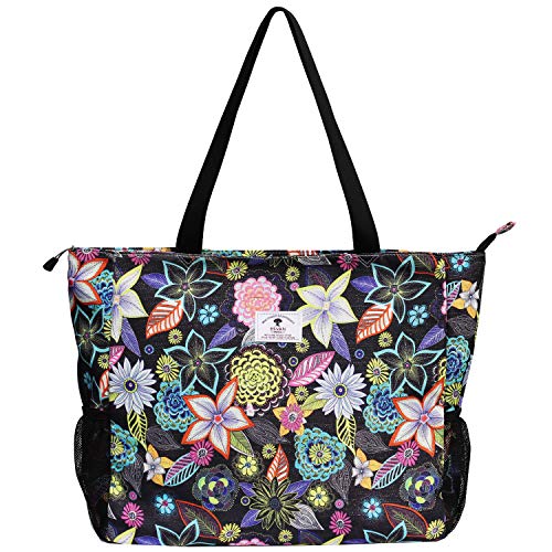 ESVAN LARGE BEACH BAG Water Resistant Lightweight 20 inch Women Oversize Tote Bag for Gym Beach Travel Pool Yoga Nurse - color: Black Embroid