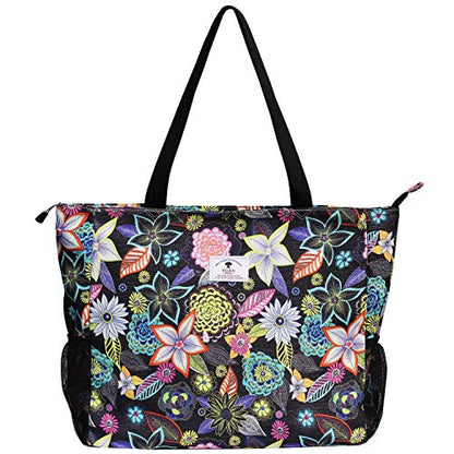 ESVAN LARGE BEACH BAG Water Resistant Lightweight 20 inch Women Oversize Tote Bag for Gym Beach Travel Pool Yoga Nurse - color: Black Embroid