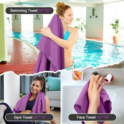 Quick Dry Travel Towel, 3 Sizes 1 Pack Camping Microfiber Towel, Lightweight Fast Drying Towels Set 60"x30", 30"x15", 15"x15" w/Bag for Gym, Beach, Hiking, Swimming, Purple - color: Purple