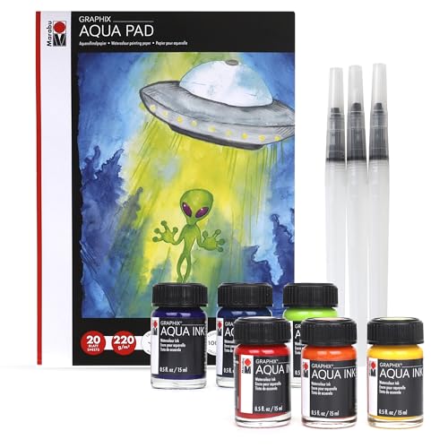 Marabu Watercolor Paint Set - Watercolor Paper Pad with 20 Sheets, A4 220 GSM - 6 Watercolor Inks, 3 Refillable Water Brushes - Watercolor Kit for Adults and Kids