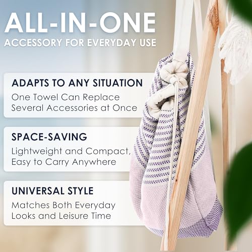 ATANI Turkish Beach Towel, Converts to a Bag, Oversized 100% Cotton Bath Towels Lightweight Quick-Dry Beach Blanket for Travel, Picnic, Camping, Yoga and Pool (Lavender, 71 inc x 39 inc) - color: Lavender, size: 71 inc x 39 inc