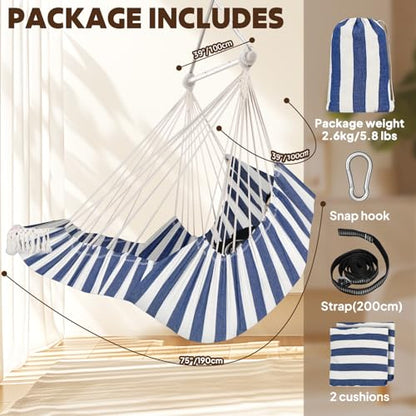 Chihee Hammock Chair Foot Rest 2 Cushions Max 485 lbs Metal Spreader Bar | Robust Hanging Chair Soft Cotton Blended Swing Collapsible Easy Storage Strong Strap Iron Carabiner Pocket Indoor Outdoor - color: Blue/White Stripes