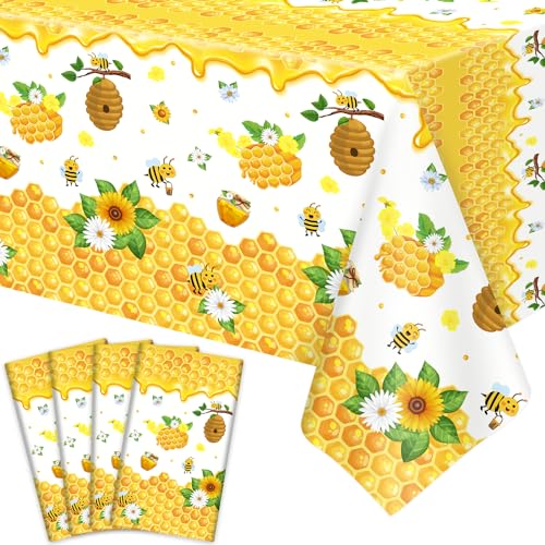 4 Pack Bee Tablecloth Happy Bee Day Tablecloths Rectangle Honey Bees Table Cover Bee Theme Party Tablecloth for Bee Baby Shower Bee Birthday Party Decorations 51 x 86 Inch - color: Bee