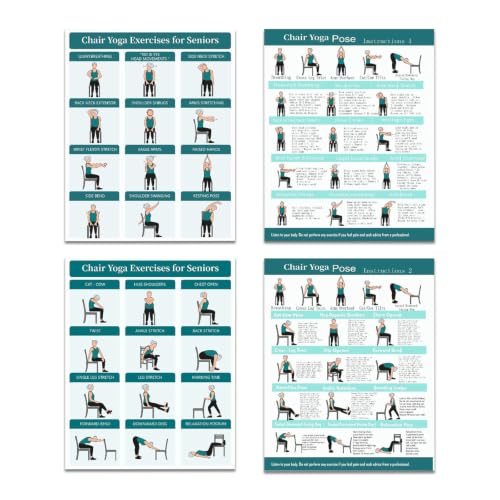 Chair Yoga Exercise Posters 4 Pack Seated Workout Charts for Seniors Beginners 8x10 Inch Fitness Guides for Flexibility Strength Physical Therapy Home Use (Green)