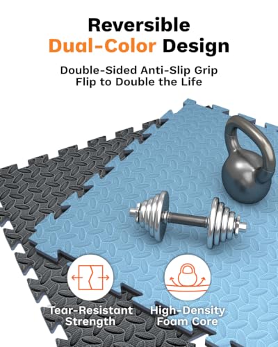 AIRHOP Upgraded 0.79" Extra Thick 48 Sq Ft High-Density Eva Foam Exercise Gym Mats, 12 Pcs Large Interlocking Puzzle Floor Tiles (24"x24") for Home Gym - color: Black/Blue