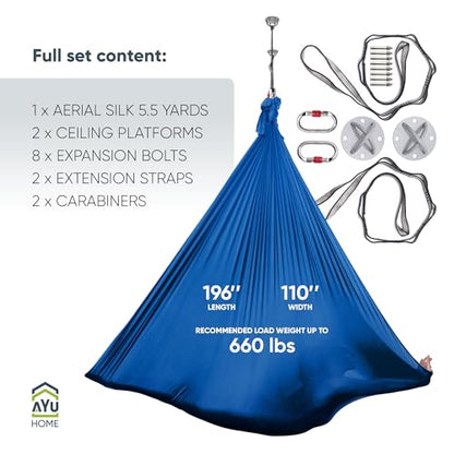 AyuHome Aerial Silks Yoga Swing Aerial Hammock Kit for Home | Premium aerial silks yoga swing kit with rigging hardware for aerial yoga, gymnastics, and home fitness - color: Aerial silk - Precious Blue - New
