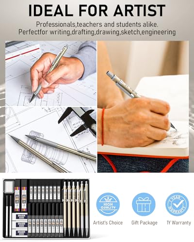 Nicpro 34PCS Art Mechanical Pencil Set, Metal Drafting Pencil 0.3 mm & 0.5 mm & 0.7 mm & 0.9 mm & 2PCS 2mm Lead Holder (6B 4B 2B HB 2H 4H Colors) For Sketching Drawing With 19 Tube Lead Refills Case - color: Champagne 34