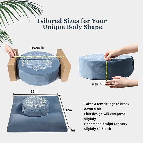 Meditation Cushion Set Zafu & Zabuton – Buckwheat Hull & Memory Foam, Adjustable Floor Pillow for Yoga, Meditation & Sitting, Removable Velvet Cover (Navy Blue) - color: Navy Blue