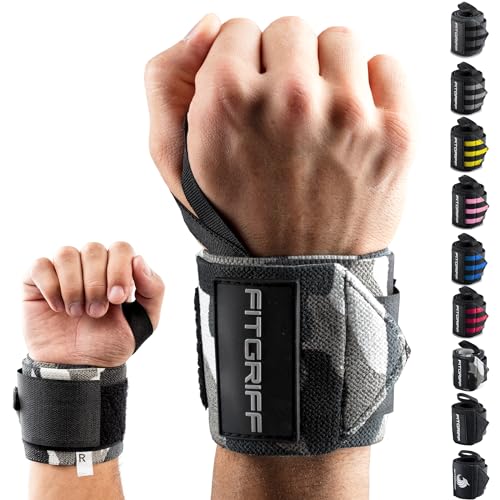 Fitgriff® Wrist Wraps for Weightlifting (18") Heavy-Duty Support for Gym, Bench Press, and Pushups (1 Pair) - for Men and Women (Grey-Camo) - color: Grey-Camo