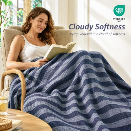 EMME Cotton Muslin Blanket Couch 4-Layer Breathable Gauze Soft Lightweight Bed Blankets Adults Dark Navy Twin XL (66" x 90") - color: Dark Navy, size: Twin XL (66" x 90")