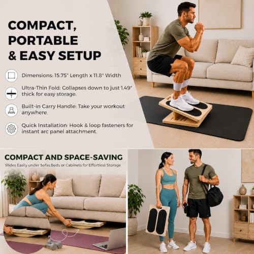 3-in-1 Adjustable Slant Board & 180°/360° Balance Board - Wooden Calf Stretcher and Squat Wedge - 5 Angle Incline Board for Stretching Equipment & Exercise - Includes Resistance Band - (400LBS)