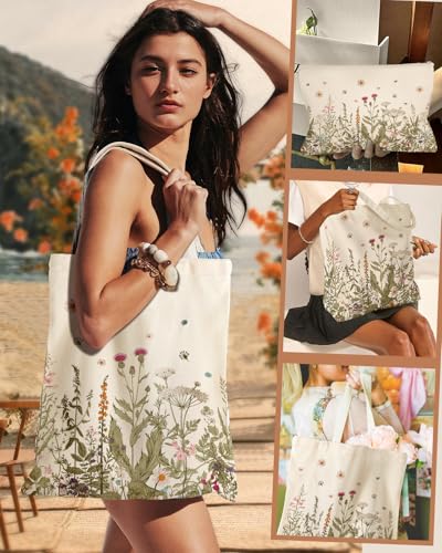 Miss Adola Aesthetic 2 Pack Canvas Tote Bag - with Makeup Zipper Pouch for Women Bag for Shopping, Gym, Travel, Vacation - color: Flower Grass