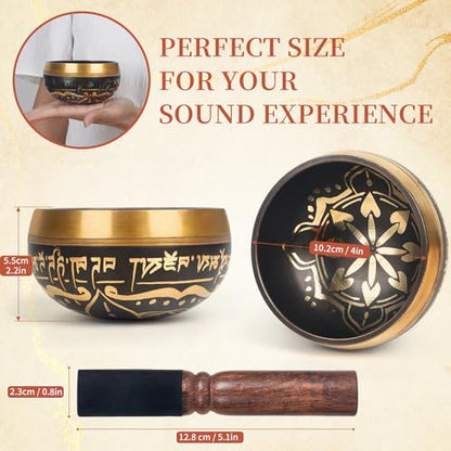 AKLOT HandMade Meditation Singing Bowl: Tibetan Sound Bowl Set with Pure Tone, Sound Bath Bowl with Cushion, Mallet, Spiritual Gift for Chakra Clearing, Mind Healing, Yoga, Prayer, Relaxation (4 Inch) - color: 4inch Black