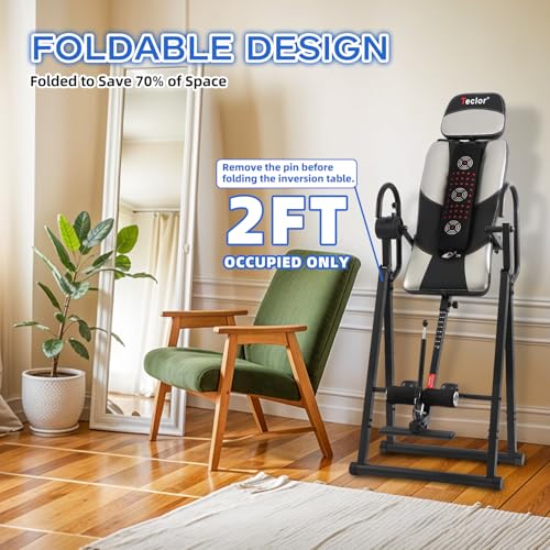 Teclor Inversion Table,Advanced Heat and Massage Function,Strength Training Inversion Table for Back Pain Relief,Heavy Duty Inversion Table 350 lbs Capacity with Wider and Thickened Backrest - color: 실버/블랙.