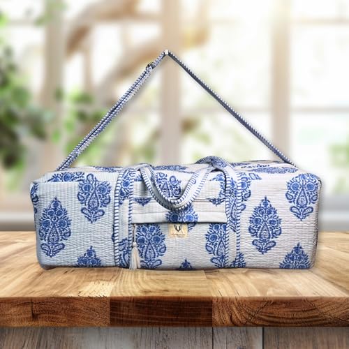 Large Capacity Handblock Printed Yoga Mat bag for Women, Gym Bag, Fits Yoga Blocks, Adjustable strap, Pilates, Gym, Fitness Block & Gear, Light and Durable - color: Neel Butta