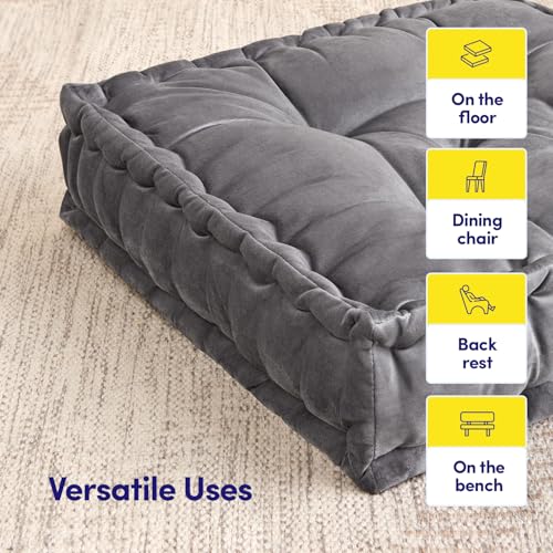 Sweet Home Collection Floor Pillow Large Square Tufted Decorative Cushion. Faux Velvet Fabric Ultra Thick Fill for Kids and Adults, Gray (Pack of 1, 2 Count)