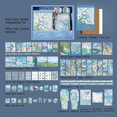 Diuhofart Sea Sketchbook Scrapbooking Kit, 128 Pcs Journal Set | Includes A6 notebook, blue coastal papers, PET stickers, washi tape and ephemera for journals, cards and memory books. - color: Sea Sketchbook