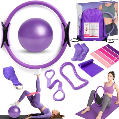 Pilates Ring Equipment Set, Home Pilates Kit for Women with 13’’ Magic Ring with Dual Padded Handles, Small Pilates Ball, 5 Resistance Bands & Complete Fitness Guide, Pilates Essential Accessories - color: 15pcs Purple