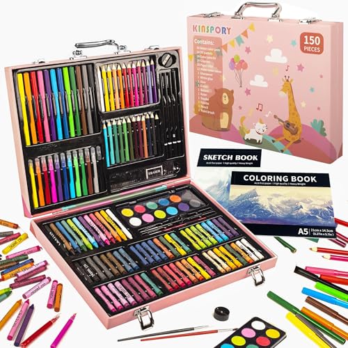 KINSPORY 150PC Art Set with Sketch Book, Coloring Art Kit Drawing Art Supplies Case, Markers Crayon Colour Pencils for Budding Artists Kids Teens Boys (Pink) - color: Pink