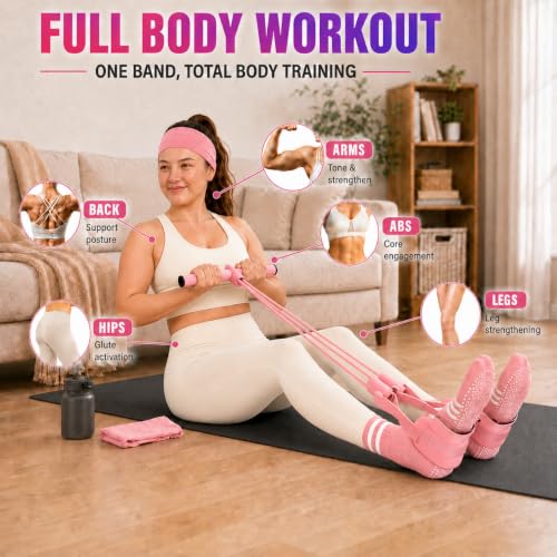 Pedal Resistance Band, Stitched Anti-Snap Elastic Pull Rope Fitness Equipment, 3-in-1 Home Workout Exercise Bands Set with Pilates Grip Socks & Headband - color: Pink, size: 55LB