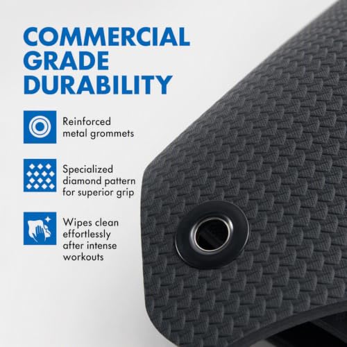 Fitness First Hanging Exercise Mat with Thick 1/2 Inch Foam | Large 71 by 24 inch black pad featuring a textured diamond pattern and two-hole design for easy commercial or home storage
