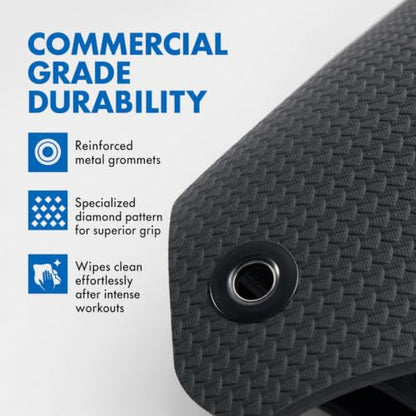 Fitness First Hanging Exercise Mat with Thick 1/2 Inch Foam | Large 71 by 24 inch black pad featuring a textured diamond pattern and two-hole design for easy commercial or home storage