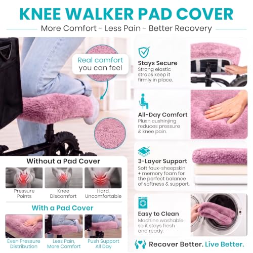 Vive Mobility Knee Scooter Pad Cover - Soft Plush Adult Sheepskin Memory Foam Cushion, Walker Accessory for Knee Roller, Padded Accessories Leg Cart Improves Comfort with Injury, Universal Fit (Pink) - color: Pink