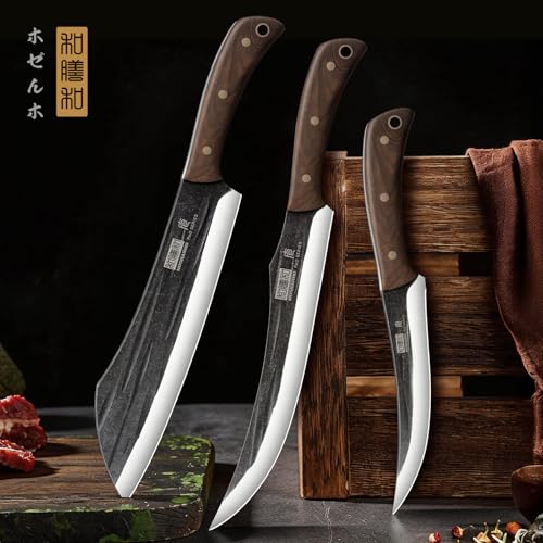 HOSHANHO Butcher Knife Set, 3PCS Knife Set of Meat & Slicing & Boning Knife | Ultra Sharp Kitchen Knife Set, Hand Forged High Carbon Steel Knives Set for Home & Camping & BBQ Gift with Men - size: 10"