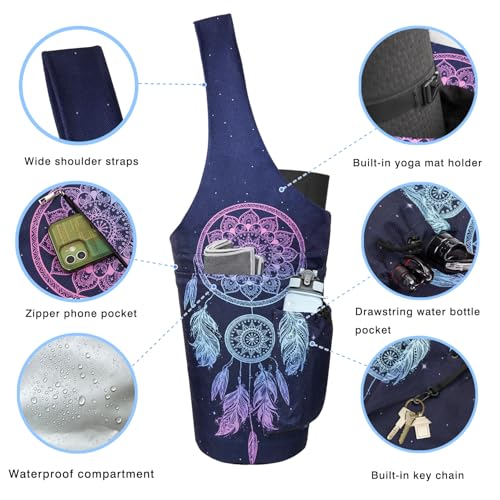 Yoga Mat Bag - Large Opening Long Tote Yoga Mat Carrier Holder Bag with Waterproof Wet Zipper Pocket and Drawstring Water Bottle Pocket - Yoga Bag Fit Most Size Mats - color: Dreamcatcher