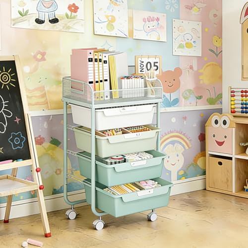 SYKIARIOL 4-Drawer Rolling Storage Cart with Mesh Top,Green | Utility Craft Organizer Cart on Wheels with 4 DIY Labels, Rolling Drawer Cart for Home Office Classroom Bedroom - color: Gradient Green
