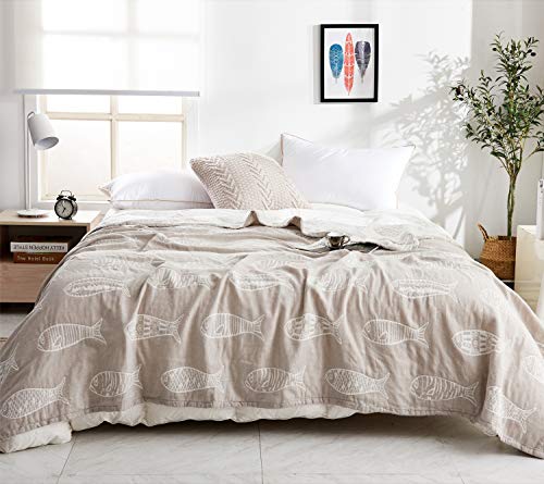 MEJU Fish Gray Muslin Lightweight Summer Blanket for Bed Sofa Couch 100% Combed Cotton 3 Layer Soft Warm Quick Dry Throw Blanket Bedspread Bed Coverlet Sheet Full Queen 80 in X 90 in - color: Fish Gray, size: F/Q 80 in x 90 in