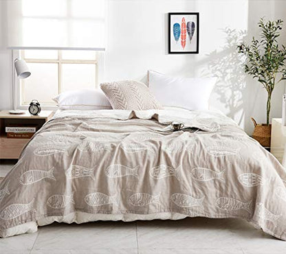 MEJU Fish Gray Muslin Lightweight Summer Blanket for Bed Sofa Couch 100% Combed Cotton 3 Layer Soft Warm Quick Dry Throw Blanket Bedspread Bed Coverlet Sheet Full Queen 80 in X 90 in - color: Fish Gray, size: F/Q 80 in x 90 in