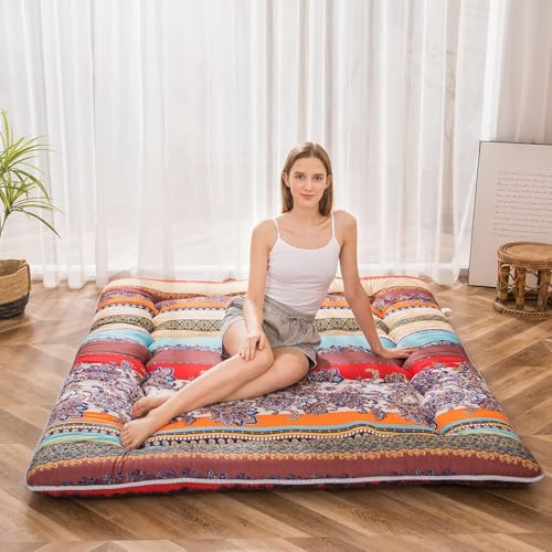 MAXYOYO Japanese Floor Mattress 4" Thick Queen Size Foldable Futon Mattress | Sleeping Pad Foldable Roll Up Mat Boys Girls Dormitory Pad Kids Floor Lounger, Bohemian E - color: Bohemian E, size: Queen