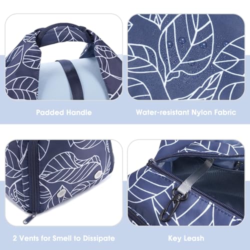 Sportsnew Tote Yoga Mat Gym Bag 20L Women W/Shoe Compartment Wet Dry Pocket | Water-Resistant Gym Tote - Mat Strap, Ventilated Shoe Bin, Wet Pocket, Padded Handle, Multi Pockets, Side Mesh & Key Clip - color: Navy Blue Leaf