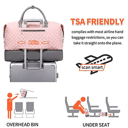 Weekender Bag, Large Travel Duffel Bag for Women, Carry on Overnight Bag with Shoe Compartment and Toiletry Bags - color: Pink-Grey