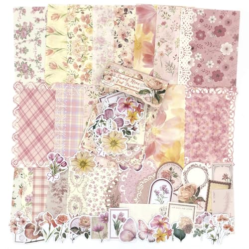 Scrapbook Supplies Kit – 100Pcs Vintage Floral Scrapbook Paper & Junk Journal Stickers, Journaling Supplies for Bullet Journaling, Retro Crafts, Mixed Media, Planner, Collage Card Album (Pink) - color: Pink
