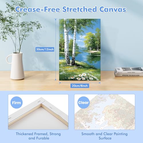 Bowetile Framed Paint by Numbers Landscape Kit for Adults, Adults' Paint-by-Number Kits on Canvas, Painting by Numbers Birch Tree, Acrylic Number Painting Gifts for Home Wall Decor, 8x12in - color: Landscape, Birch Tree