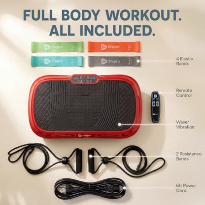 Lifepro Waver Vibration Plate Exercise Machine with 99 Speeds & 10 Presets | Resistance Bands, Non-Slip Surface, 330 lbs Capacity — Vibration Plate for Lymphatic Drainage, Body Toning, Full-Body Workout - color: Red