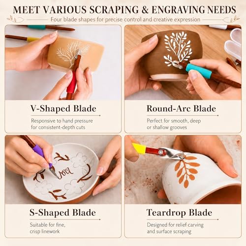 GtohHavea 4-Piece Pottery Carving Tools Set, Clay Carving Tools | Create Smooth & Precise Lines for Sgraffito, Mishima & Ceramic Trimming,Durable Cutting Heads