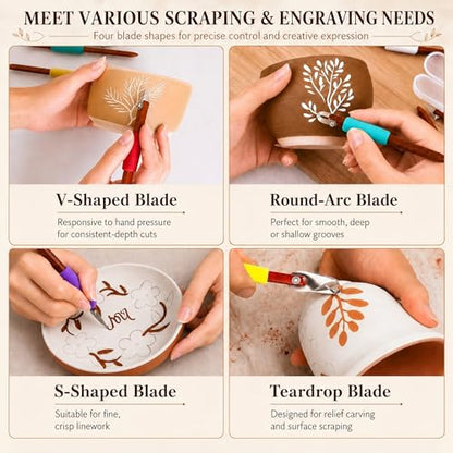 GtohHavea 4-Piece Pottery Carving Tools Set, Clay Carving Tools | Create Smooth & Precise Lines for Sgraffito, Mishima & Ceramic Trimming,Durable Cutting Heads