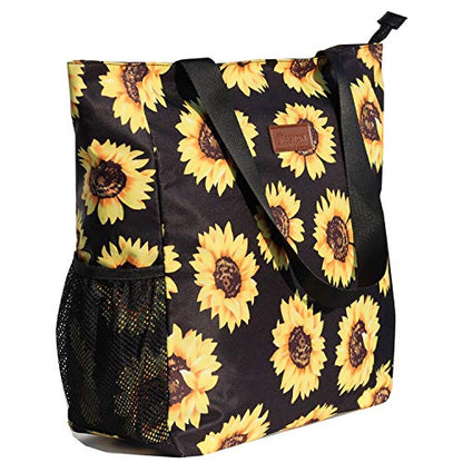 ESVAN Original Floral Water Resistant Large Tote Bag Shoulder Bag for Gym Beach Travel Daily Bags Upgraded - color: [N] Sunflower