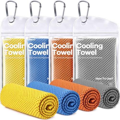 ROXUN Cooling Towels, 4 Pack (40''x12'') Chilly Ice Rags for Neck and Face | Gray+Blue+Orange+Yellow, Soft Breathable, Sports and Outdoor Workouts, Comes with Storage Bags & Carabiners - color: Gray+blue+orange+yellow