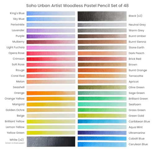 Soho Urban Artist Woodless Pastel Pencils - Set of 48, Professional Artist-Grade, 40% More Pastel, Water-Soluble, Pre-Sharpened, Easy Blending, 6.93mm Barrel, Clear Lacquered - size: 1 Count (Pack of 1)