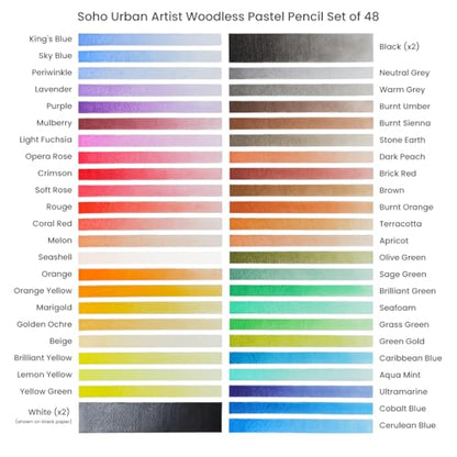 Soho Urban Artist Woodless Pastel Pencils - Set of 48, Professional Artist-Grade, 40% More Pastel, Water-Soluble, Pre-Sharpened, Easy Blending, 6.93mm Barrel, Clear Lacquered - size: 1 Count (Pack of 1)
