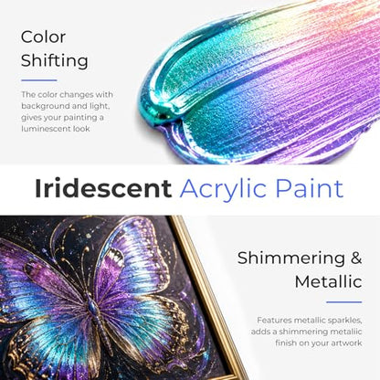 Smallbudi Iridescent Acrylic Paint Set, 20 Colors Bulk Color Shifting Paint | 250ml/8.45oz Large Bottles Fluid Painting Medium, Non Toxic Pearlescent Chameleon Craft Paint for Canvas Rocks Wood Crafts